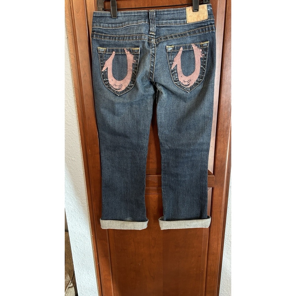 True Religion Jeans Womens 27 Blue Denim Pink Pockets Dark Wash Made In The USA